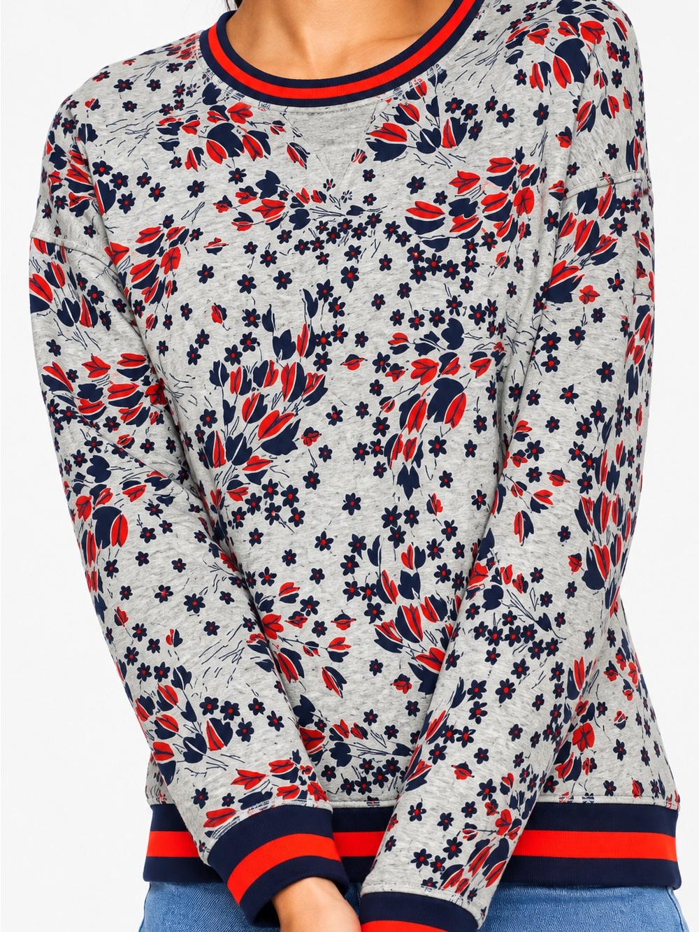 Boden Grey Floral Crewneck Sweater with Navy & Red Accents XS MSRP 98.00
